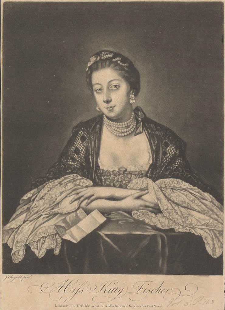 Miss Kitty Fisher, mezzotint print after Sir Joshua Reynolds, 1759. Print made by: Richard Purcell. Source: Yale Centre for British Art