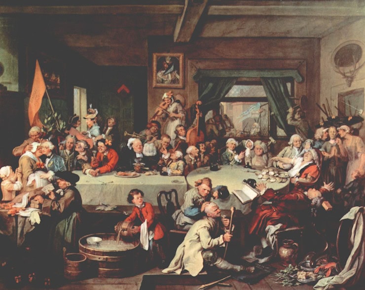 Hogarth's satirical 'An Election Entertainment' depicting a Whig banquet. c. 1755