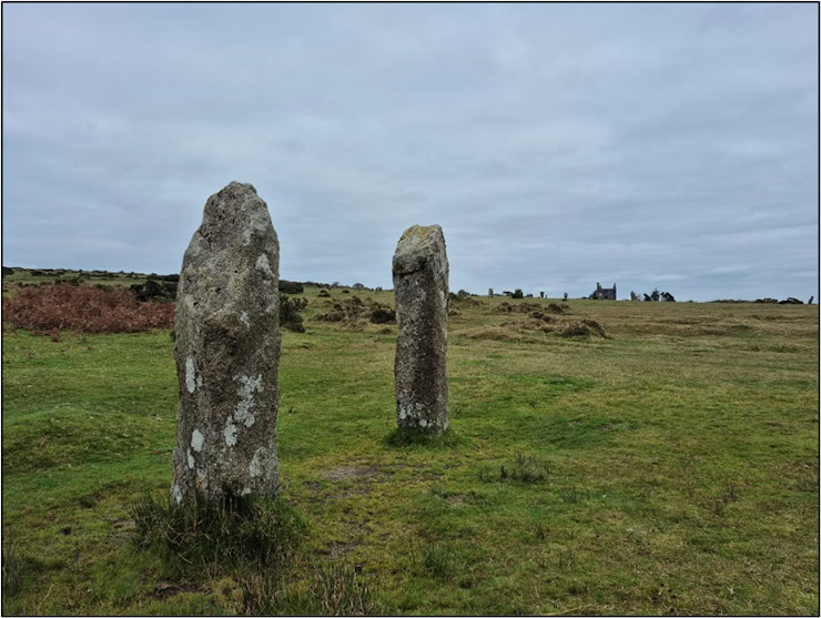 'The Pipers’, standing guard, with ‘The Hurlers’ visible in the distance. Photo by Mike Edwardson.