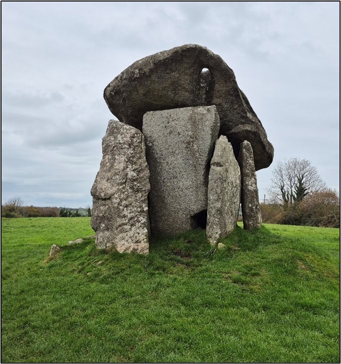 A frontal view of Trevethy Quoit with the entrance gap (bottom right) and 'roof hole' (top right) visible. Photo by Mike Edwardson.