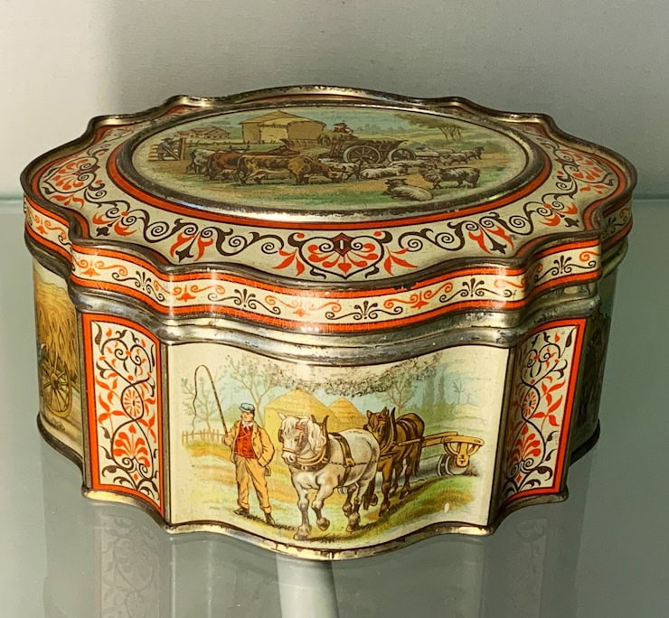 A Huntley and Palmer biscuit tin called ‘Agriculture’ from 1888. On display at Reading Museum. Photograph: author’s own.