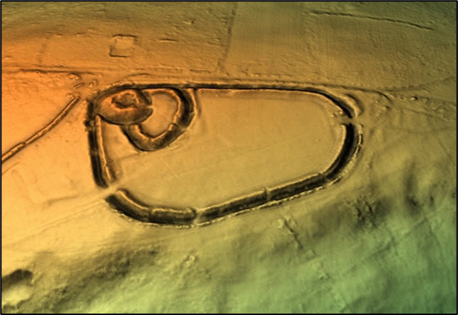 3D Digital Terrain model, showing Blackdown's possible original structure. The highpoint, site of the Norman bailey, is at the top left. Credit: Rouven Meidlinger, as shown on Wikipedia.