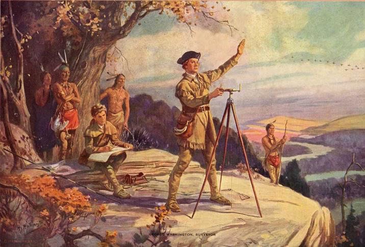 George Washington, surveyor, print from painting by Henry Hintermeister.. Wikipedia Commons