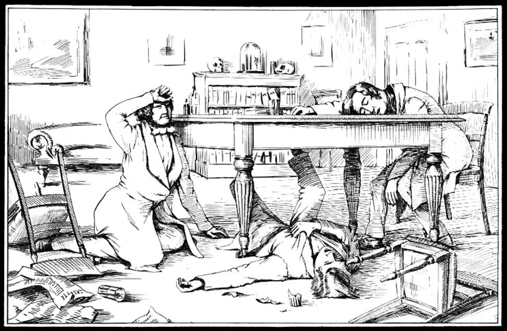 The effects of liquid chloroform on Sir J. Y. Simpson and his friends. The shattered drinking-glass used by one of the experimenters lies on the floor. Circa 1840s. Wellcome Library, London. Wikipedia Commons